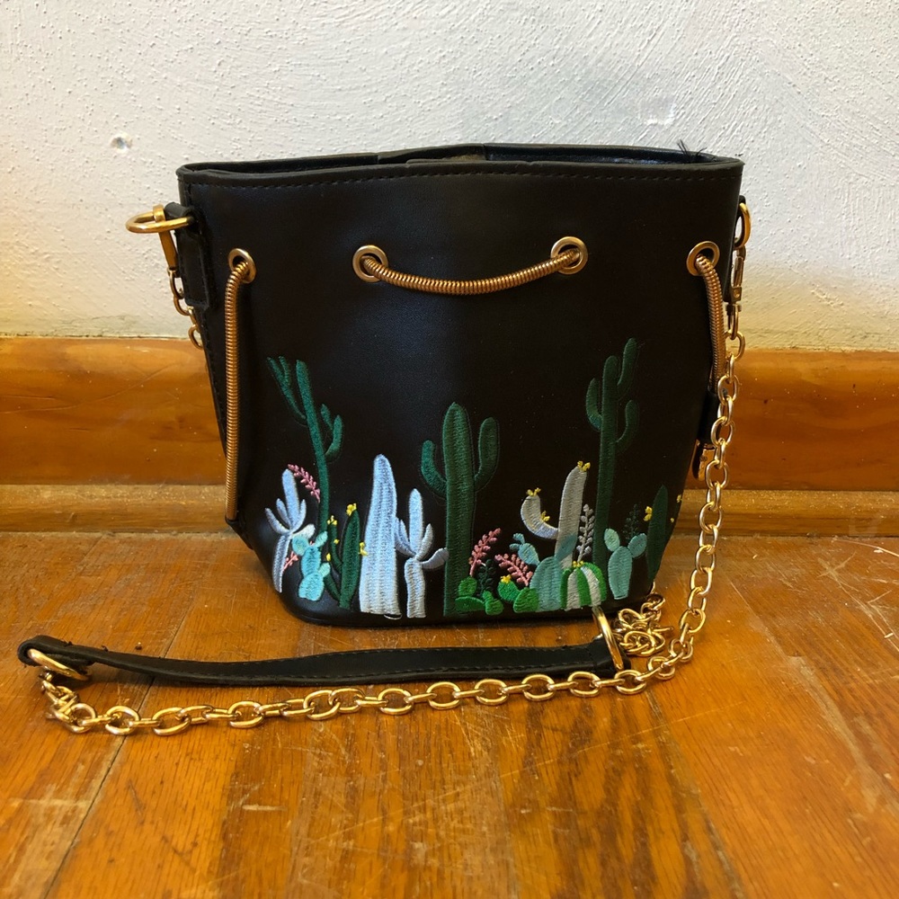 Faux leather purse with embroidered cacti
